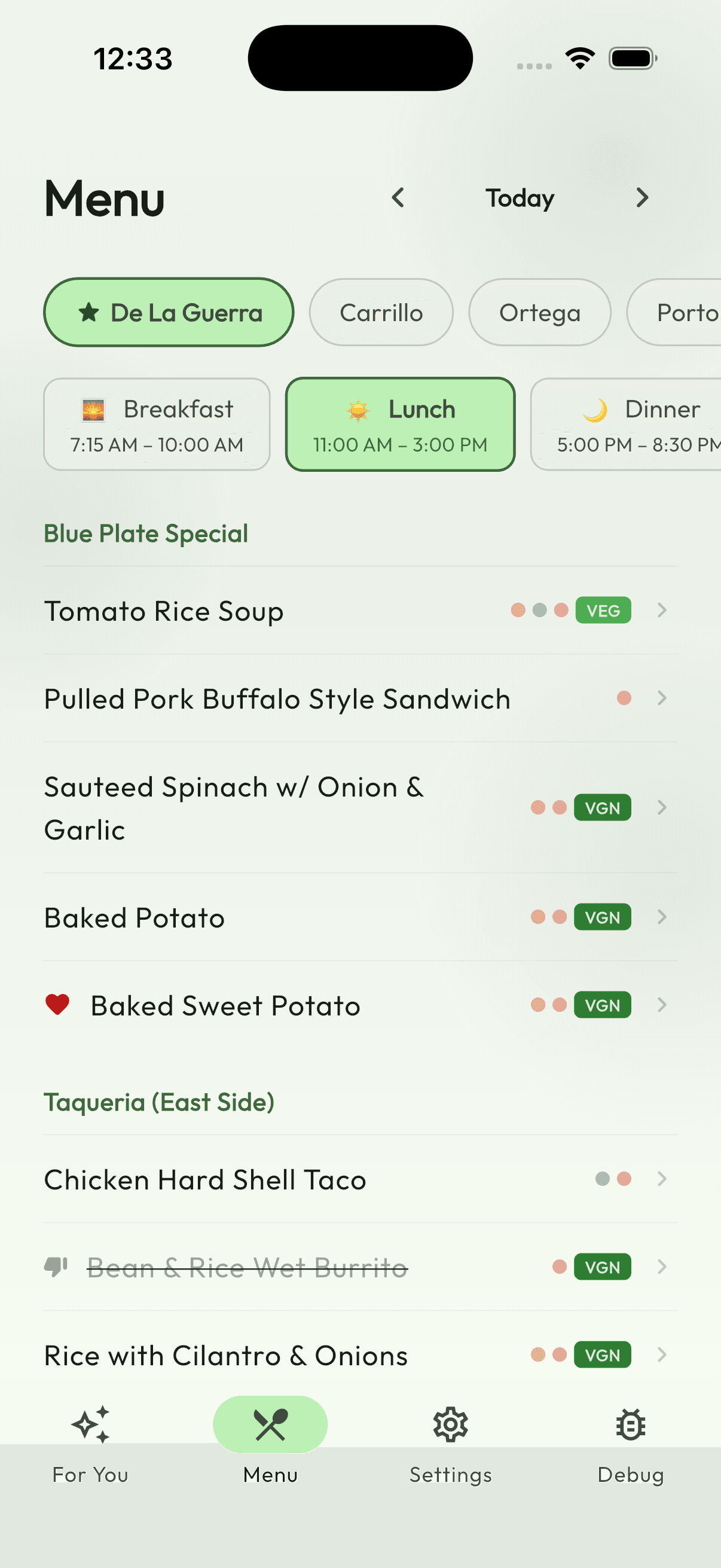 DormEats dining hall menu screen