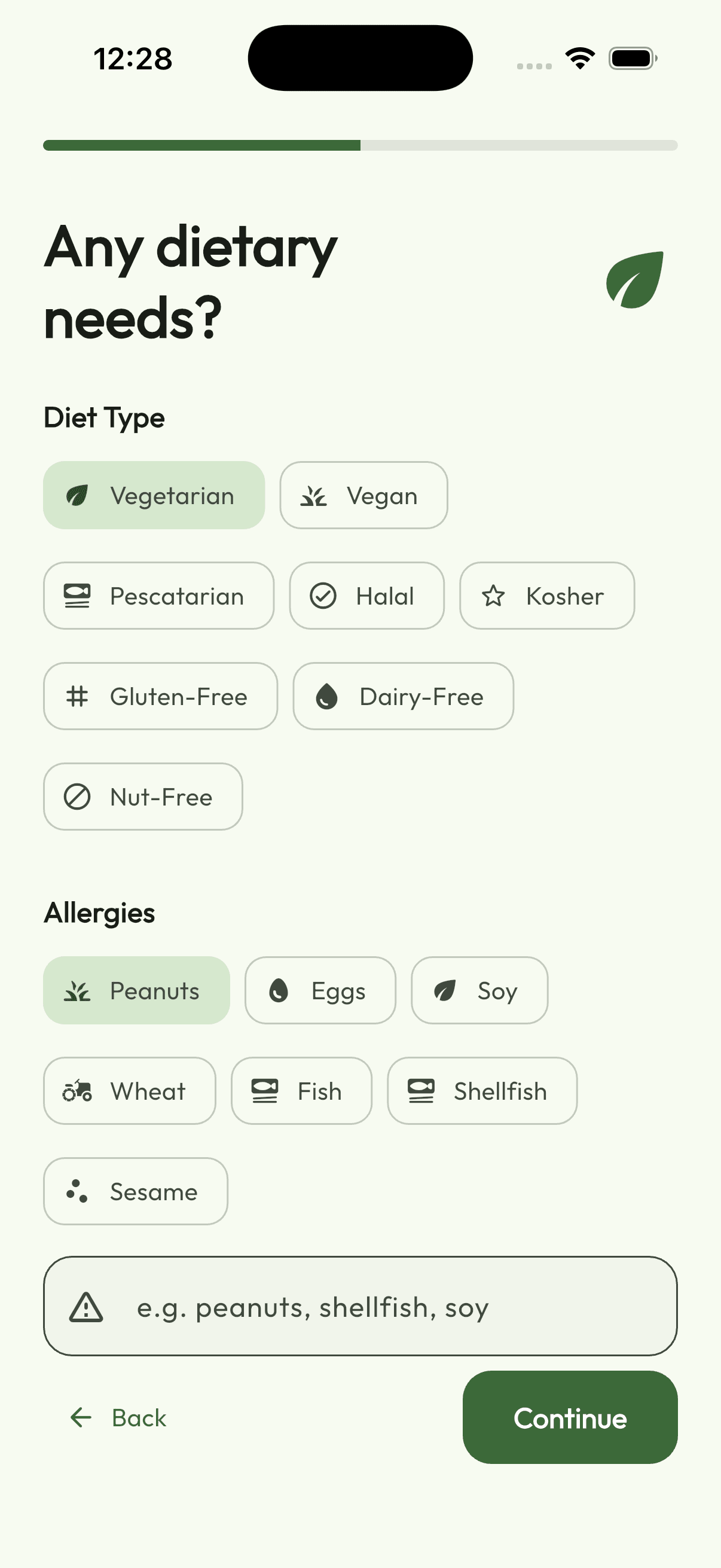 DormEats dietary preferences onboarding screen